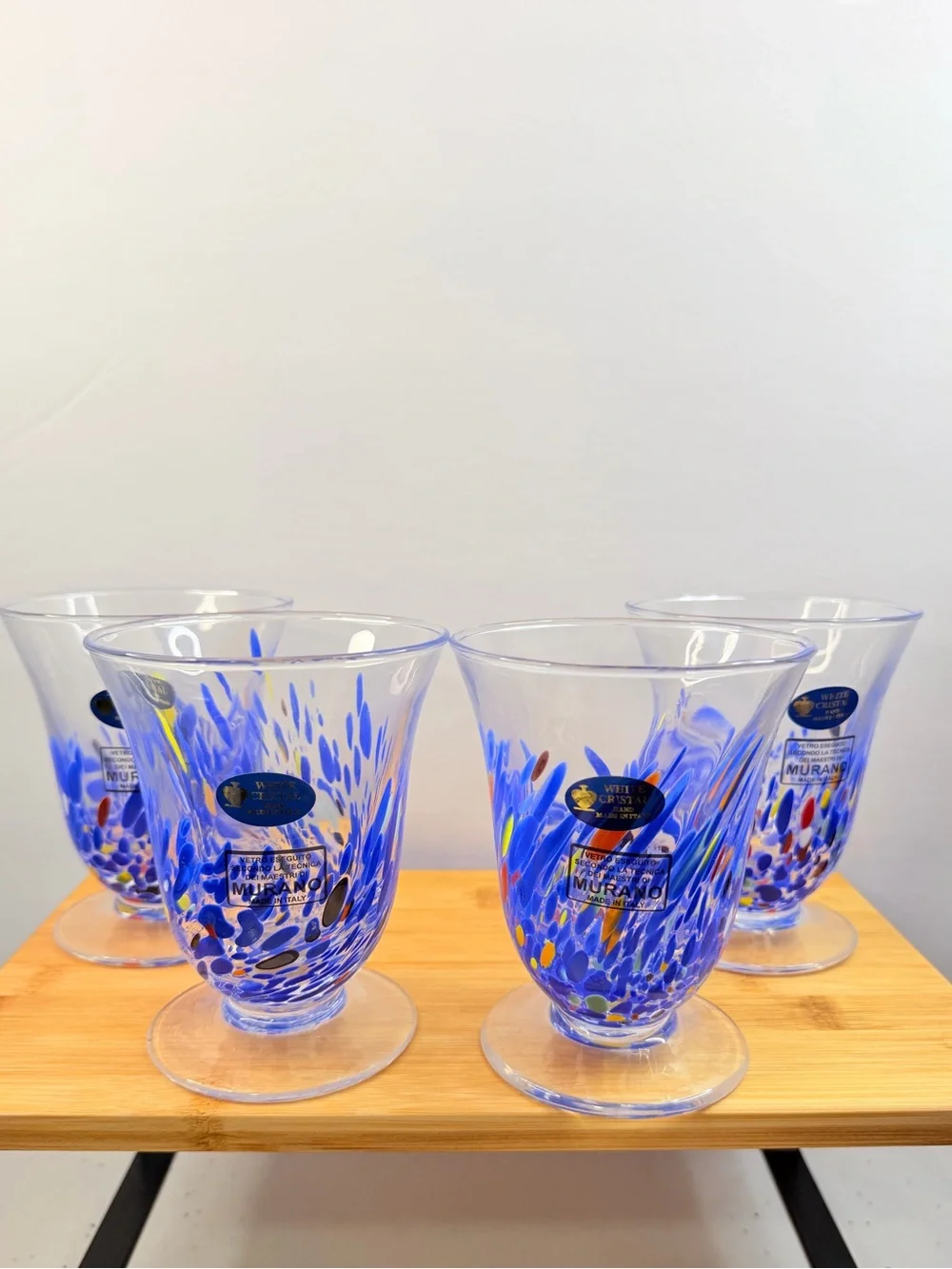 Set of 4 Murano White Cristal Hand Made In Italy Footed Glass Tumblers 4.75